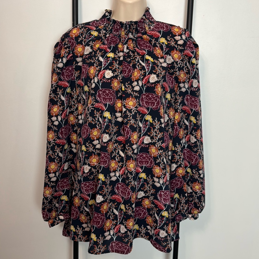 Melloday Smocked Neck Long Sleeve Floral Blouse Top Women Size 2X